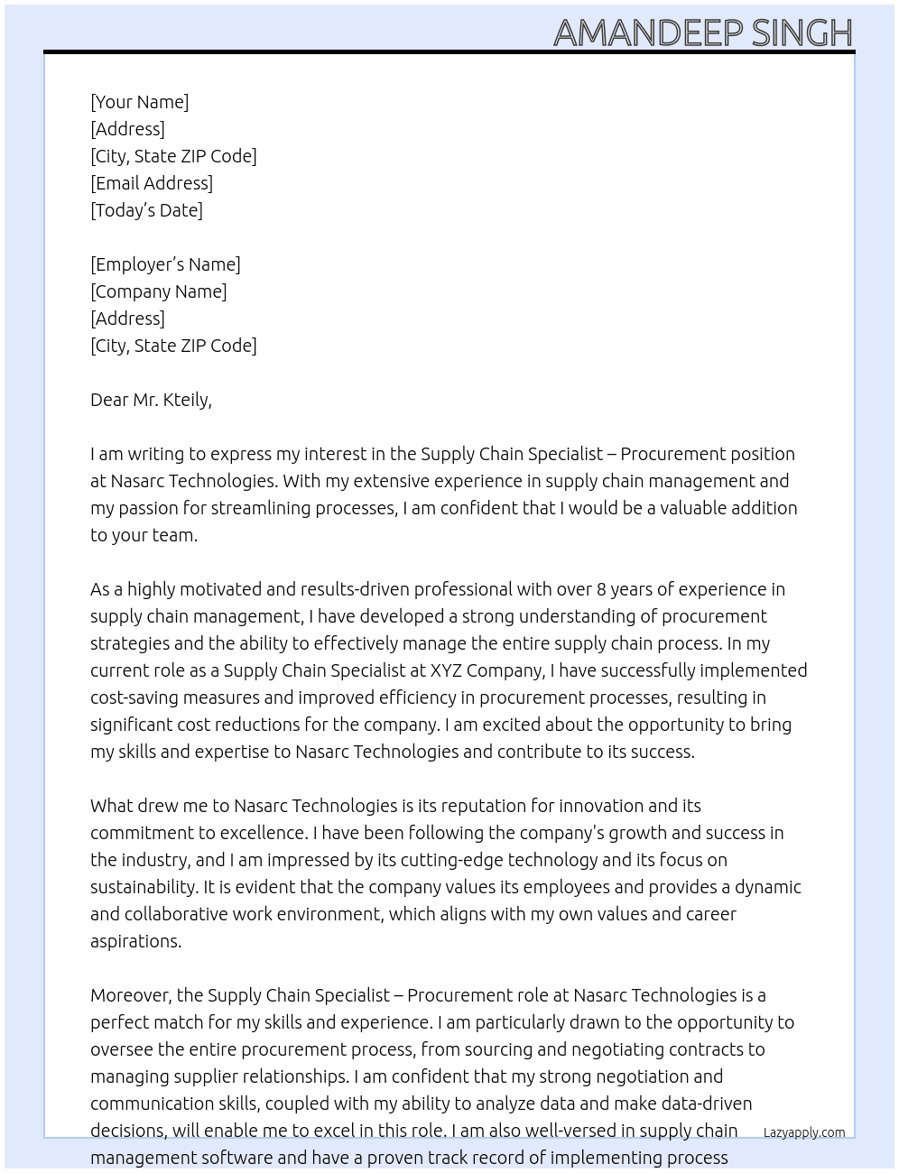 supply chain specialist - procurement At Nasarc Technologies Cover Letter