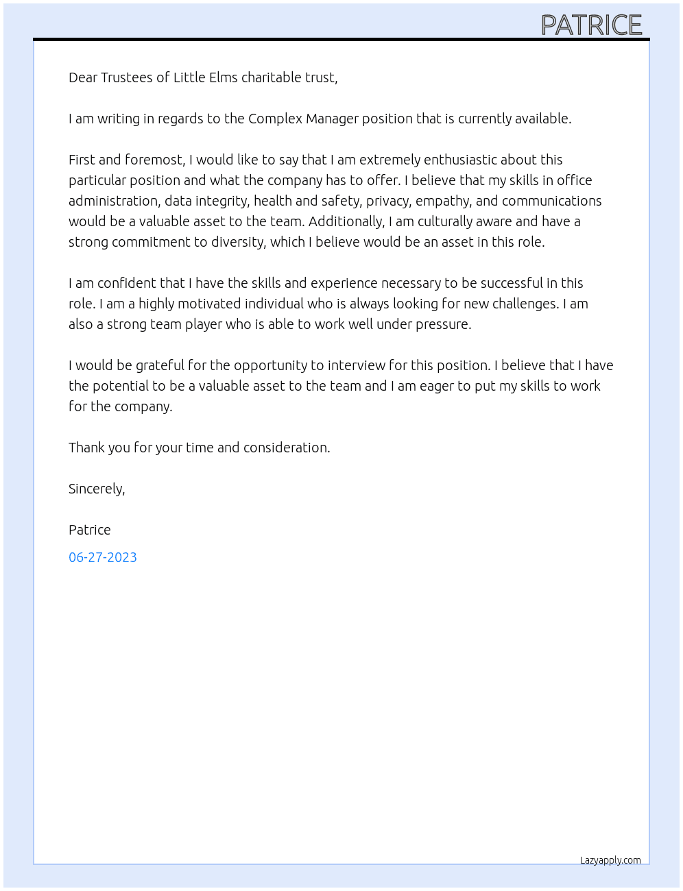 Complex Manager  At Little Elms  Cover Letter