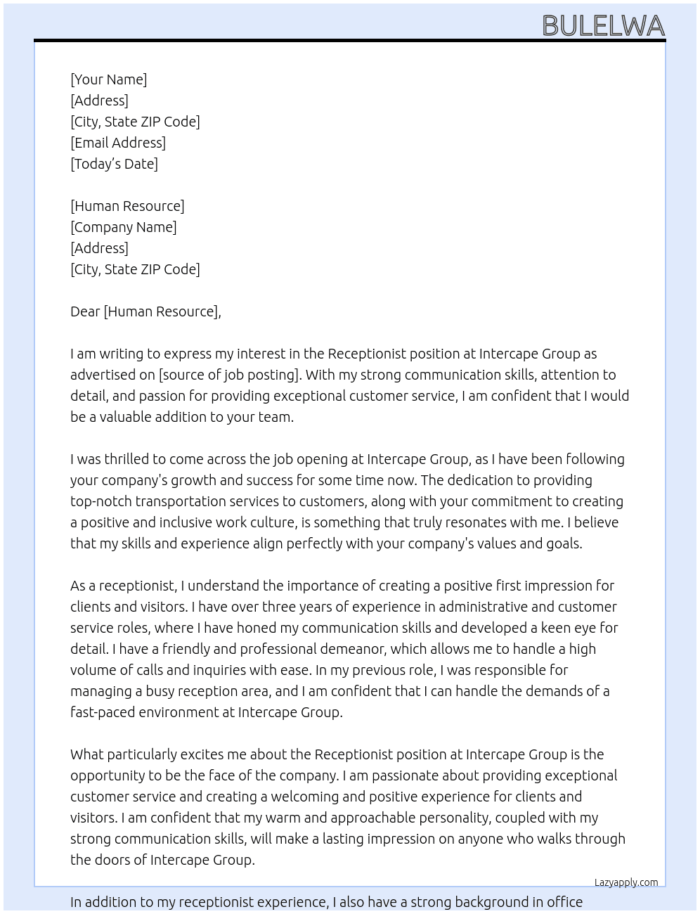 RECEPTION At INTERCAPE GROUP Cover Letter