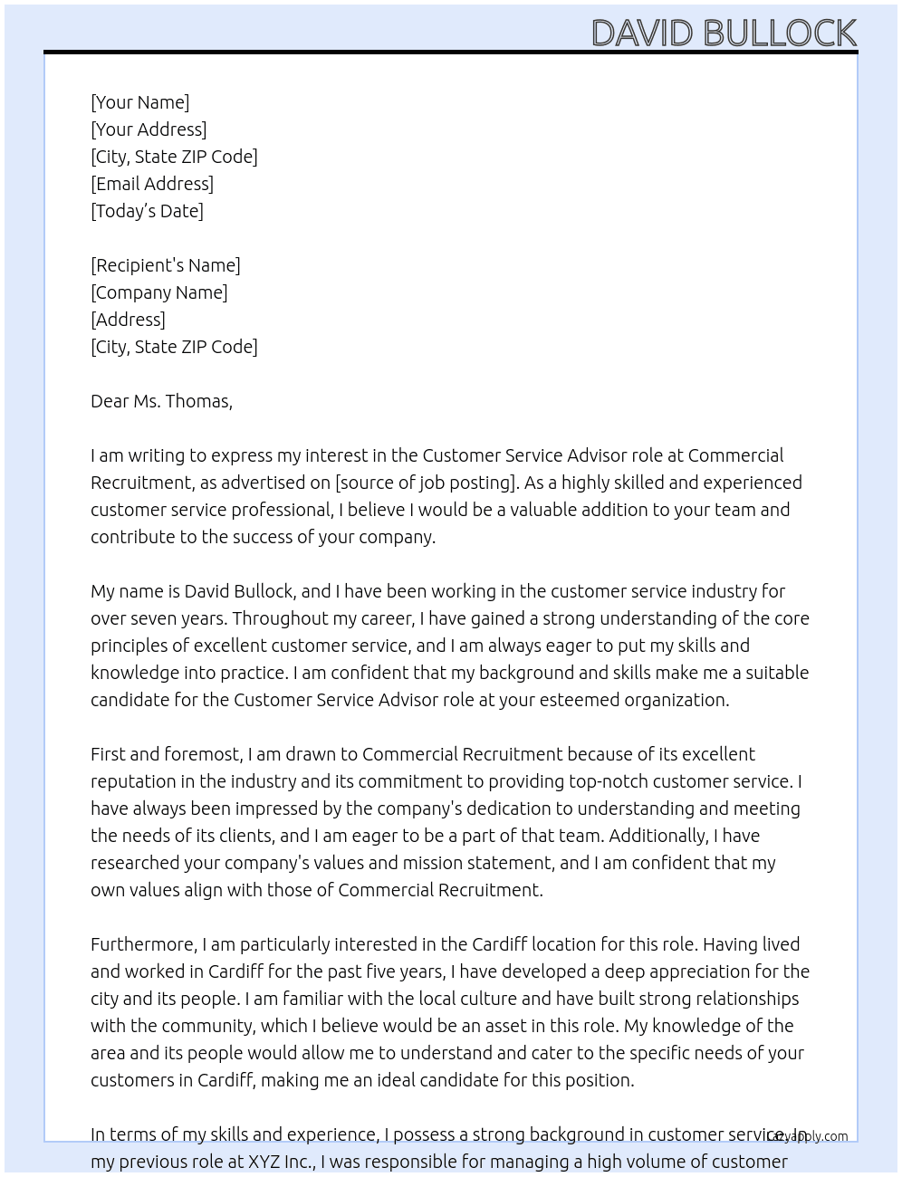 Customer Service Advisor At  Commercial Recruitment Cover Letter