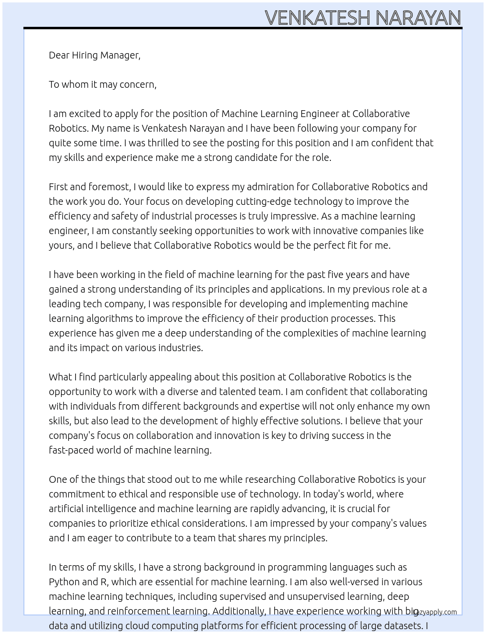 Machine Learning Engineer At Collaborative Robotics Cover Letter