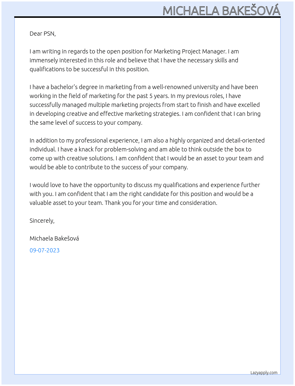 MARKETING PROJECT MANAGER At PSN Cover Letter
