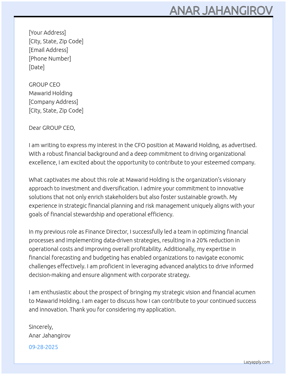 CFO At MAWARID HOLDING Cover Letter