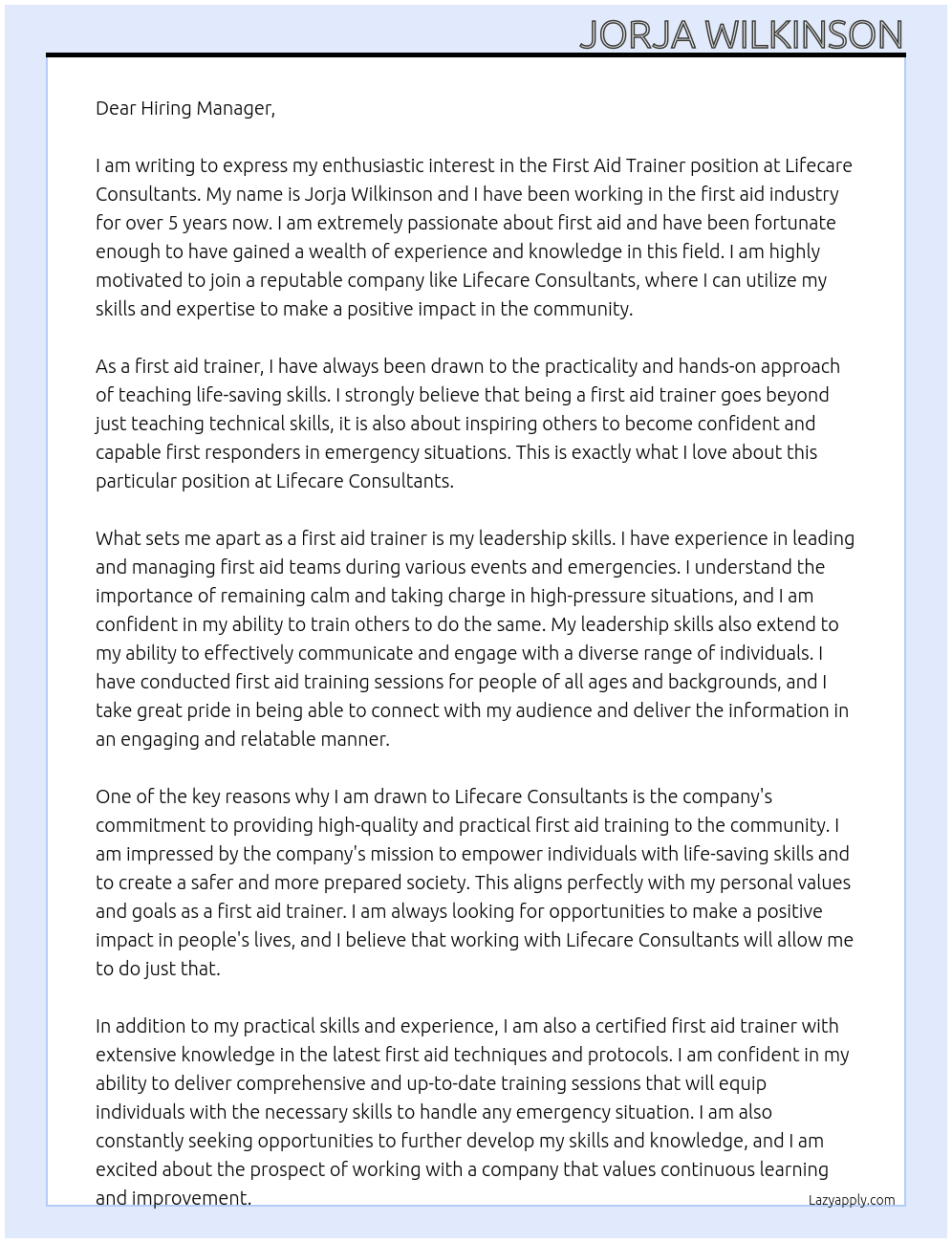 First Aid Trainer At Lifecare Consultants Cover Letter