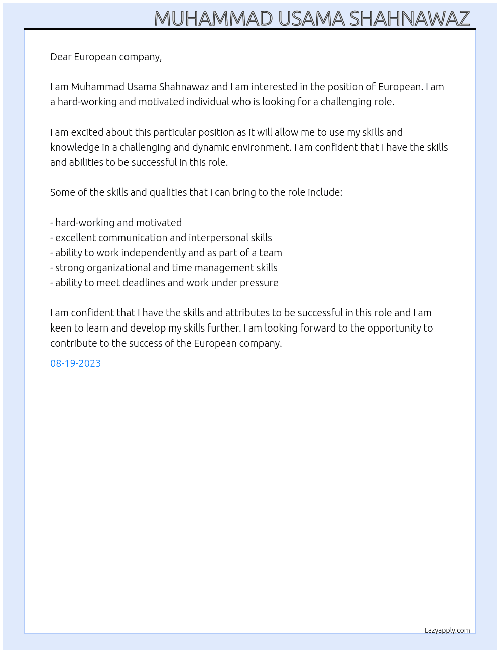European  At European company Cover Letter