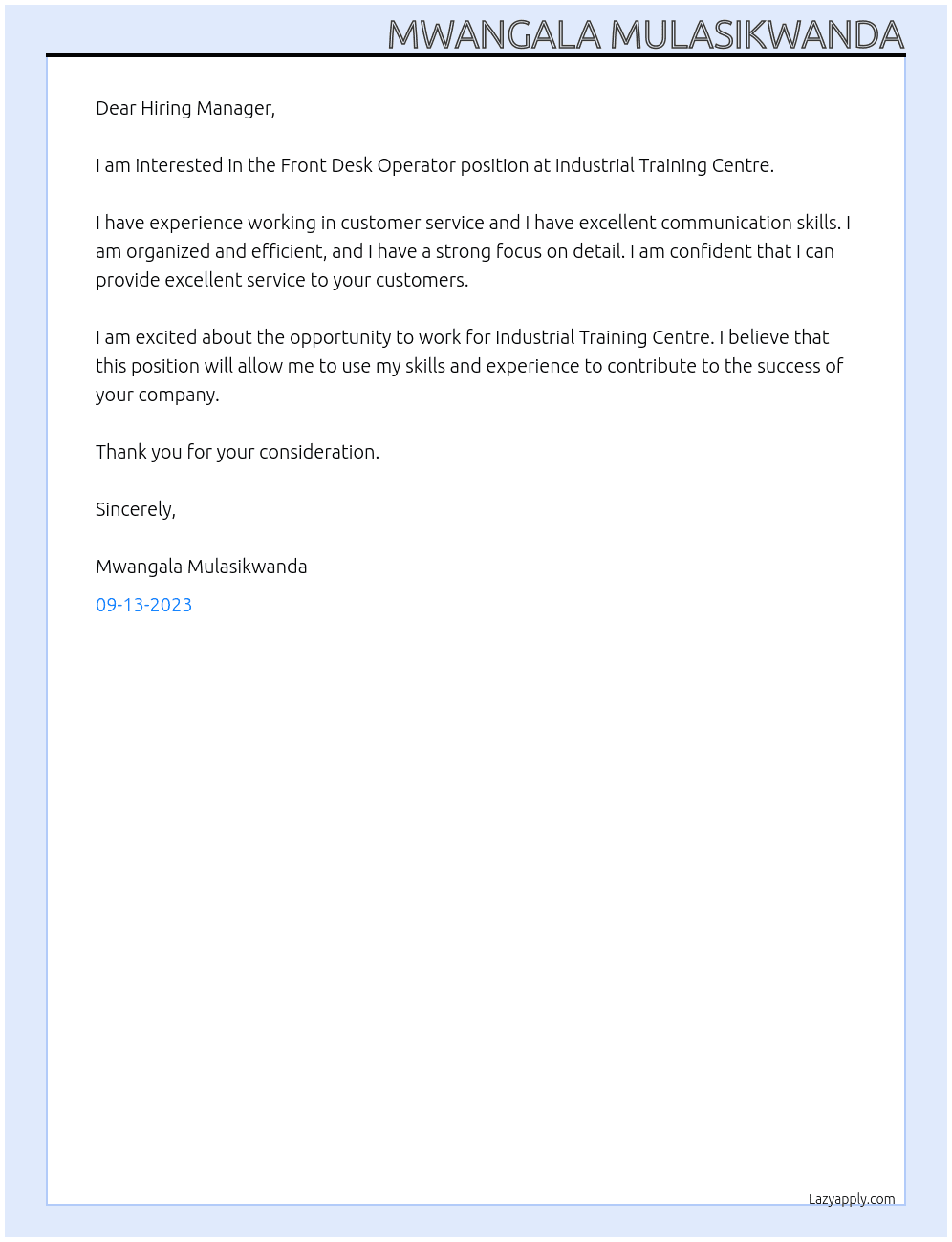 front desk operator At industrial training centre Cover Letter