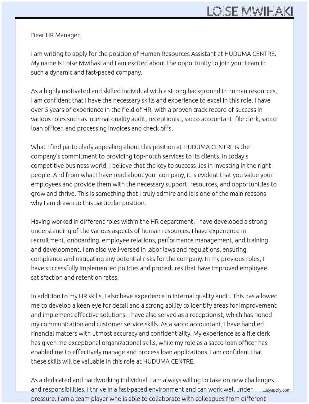 Human Resources Assistant At HUDUMA CENTRE  Cover Letter