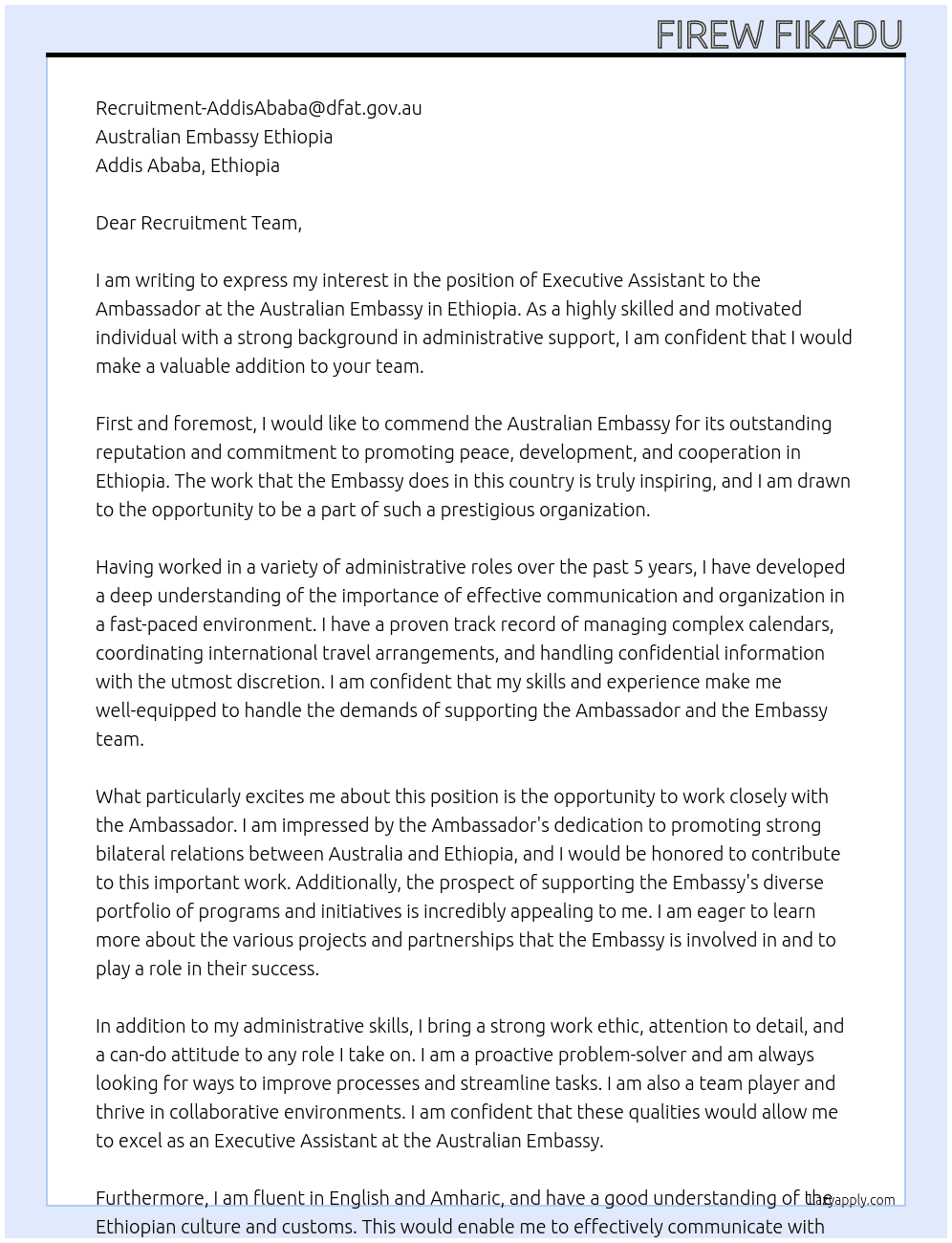 Executive Assistant to the Ambassador At Australian Embassy Ethiopia Cover Letter