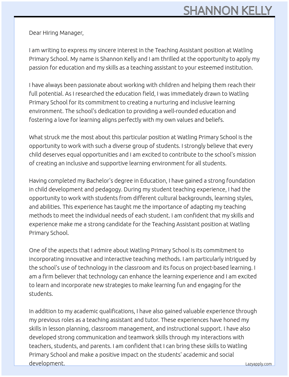 Teaching Assistant  At Watling Primary School  Cover Letter