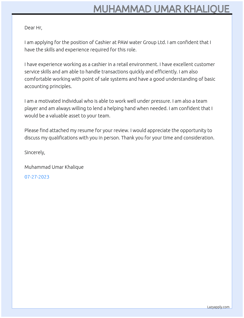 Cashier  At PAW water Group Ltd. Cover Letter