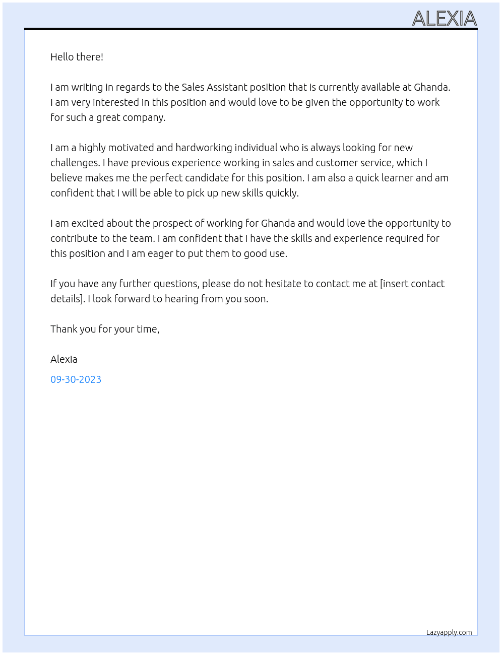 Sale's assistant At Ghanda Cover Letter
