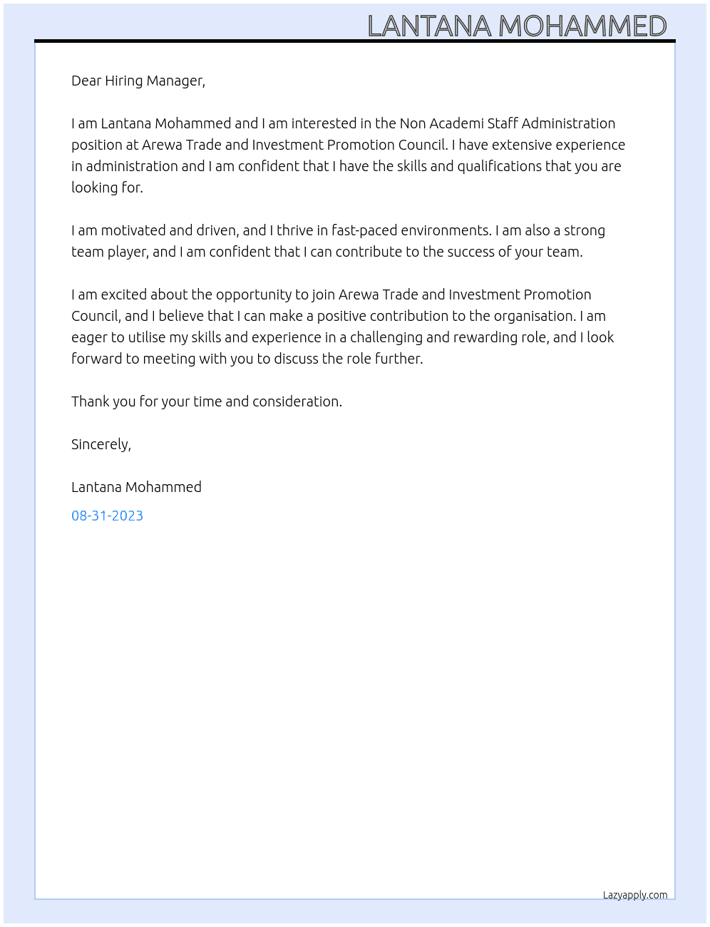 Non Academi Staff Administration  At Arewa Trade and Investment Promotion Council Cover Letter