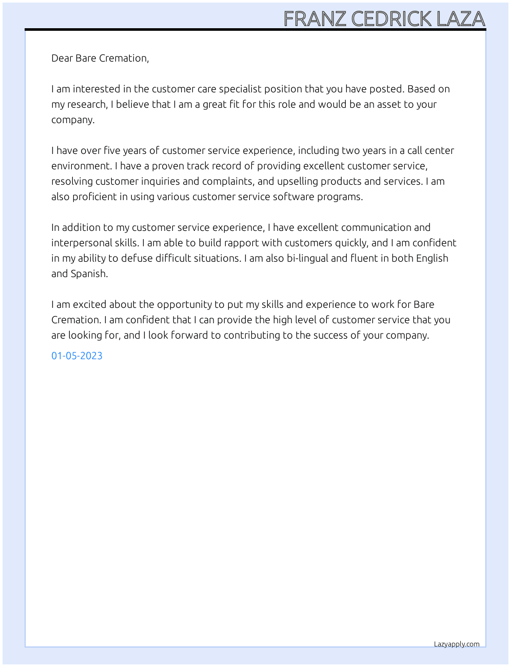Customer care specialist At Bare Cremation Cover Letter