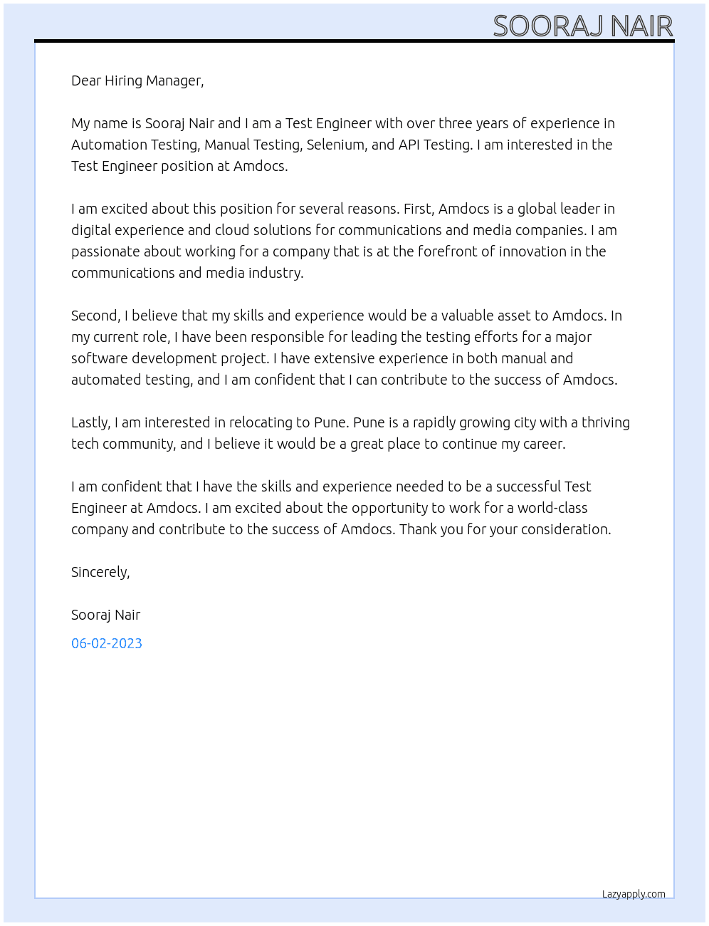 Test Engineer At Amdocs Cover Letter