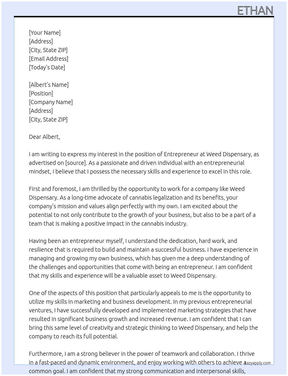 entrepreneur At weed dispensary Cover Letter