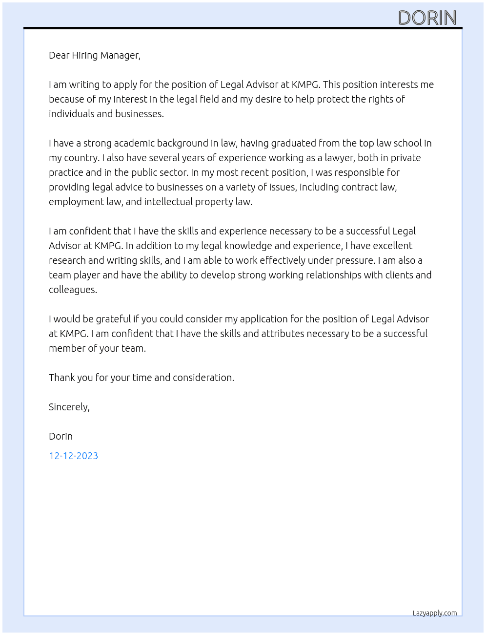 Legal Advisor  At KMPG  Cover Letter