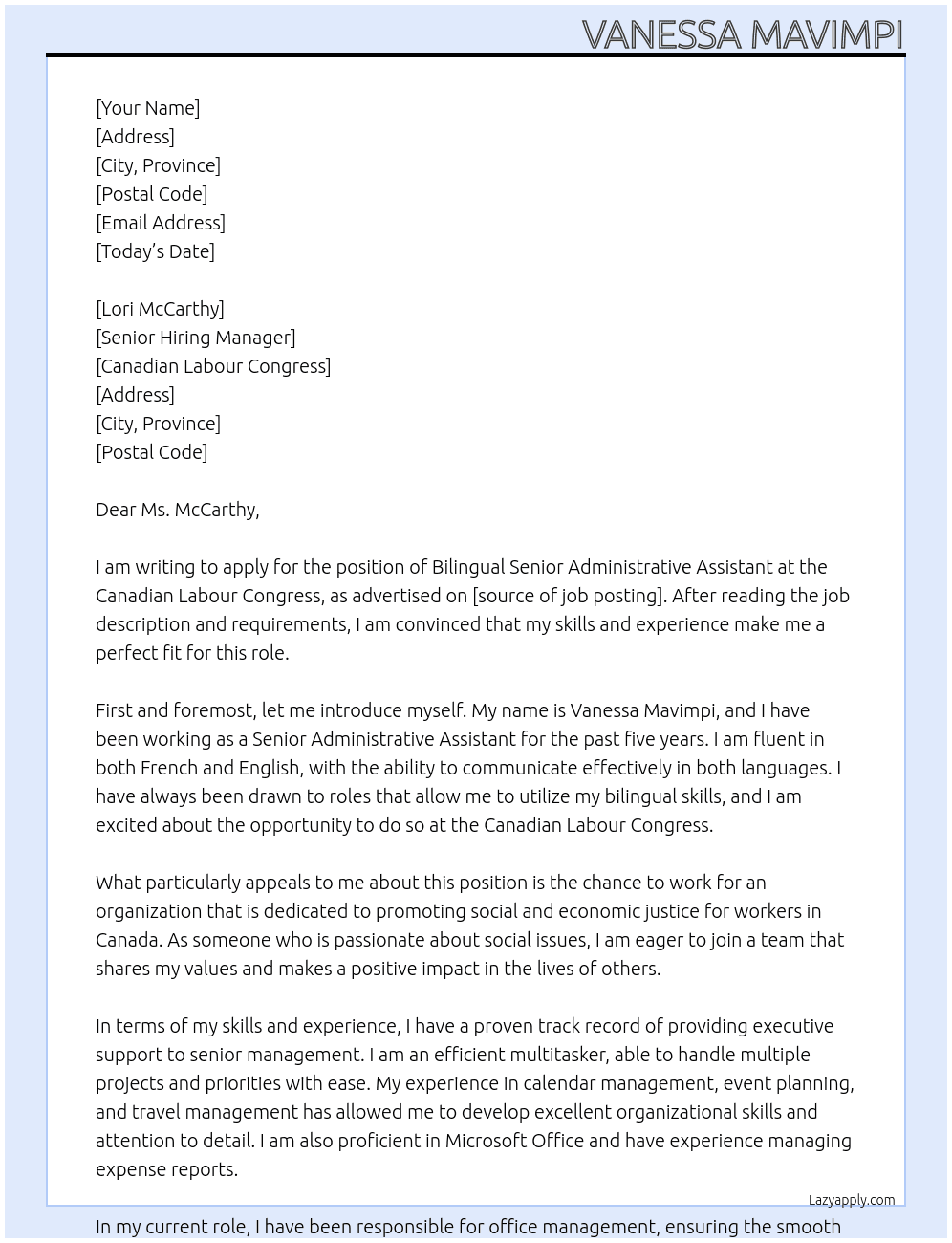 Bilingual Senior Administrative Assistant At Canadian Labour Congress Cover Letter