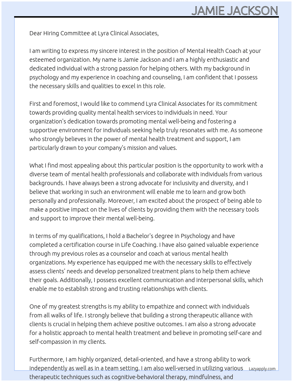 Mental Health Coach At Lyra Clinical Associates Cover Letter