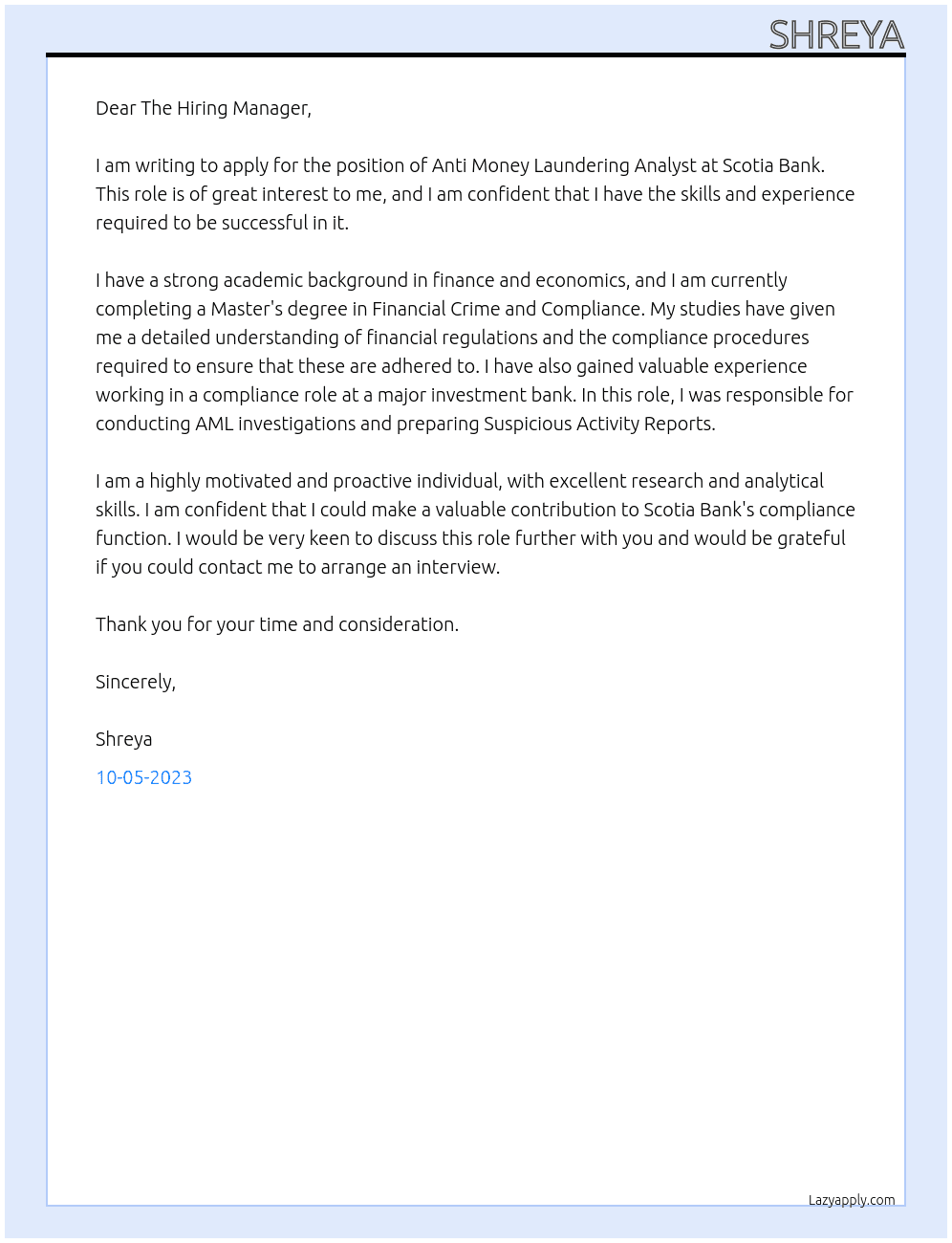 Anti money laundering analyst At Scotia Bank Cover Letter
