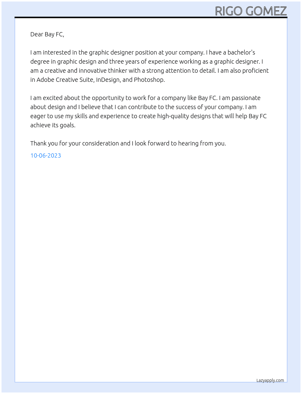 Graphic Designer At Bay FC Cover Letter