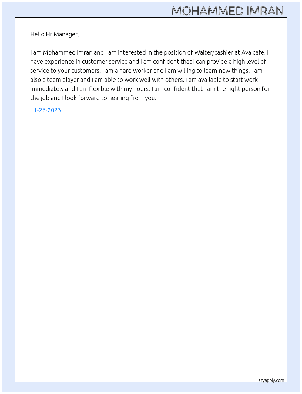Waiter/cashier At Ava cafe Cover Letter