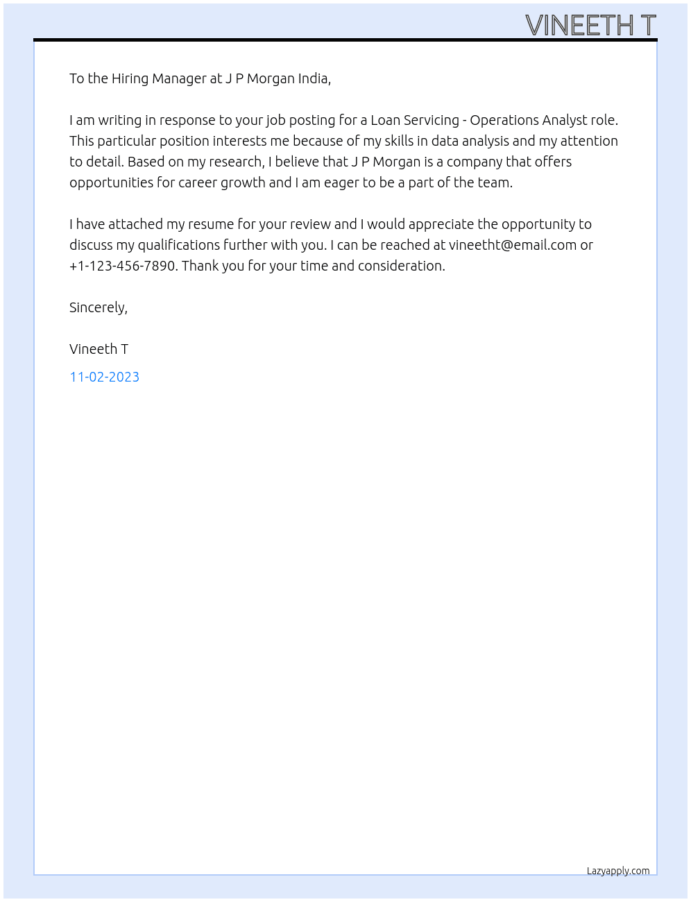 Loan Servicing - Operations Analyst At J P Morgan India Cover Letter