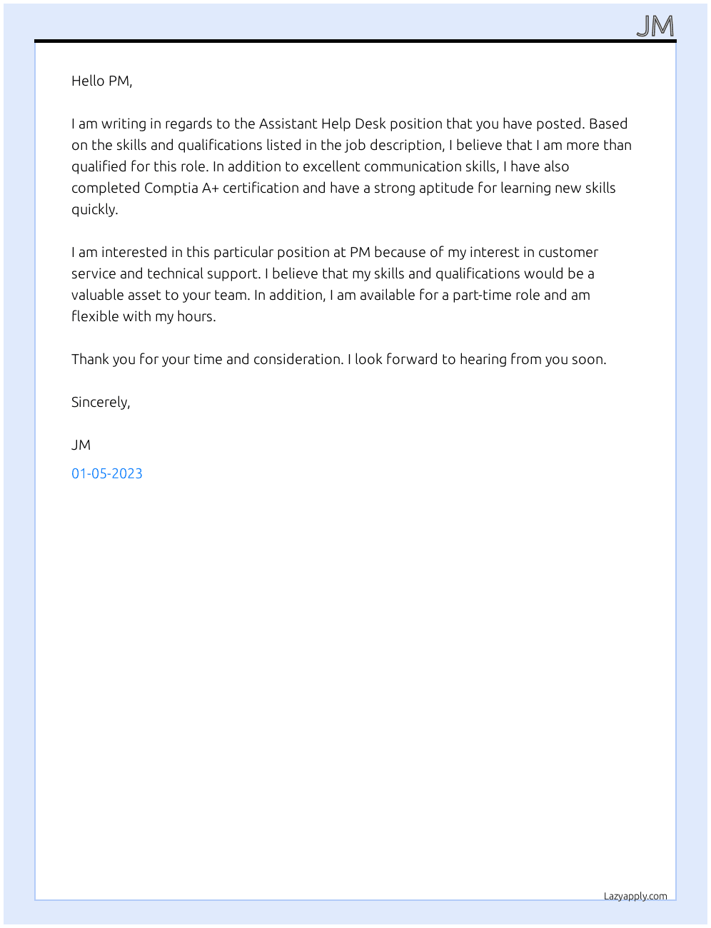 assistant help desk  At pm Cover Letter