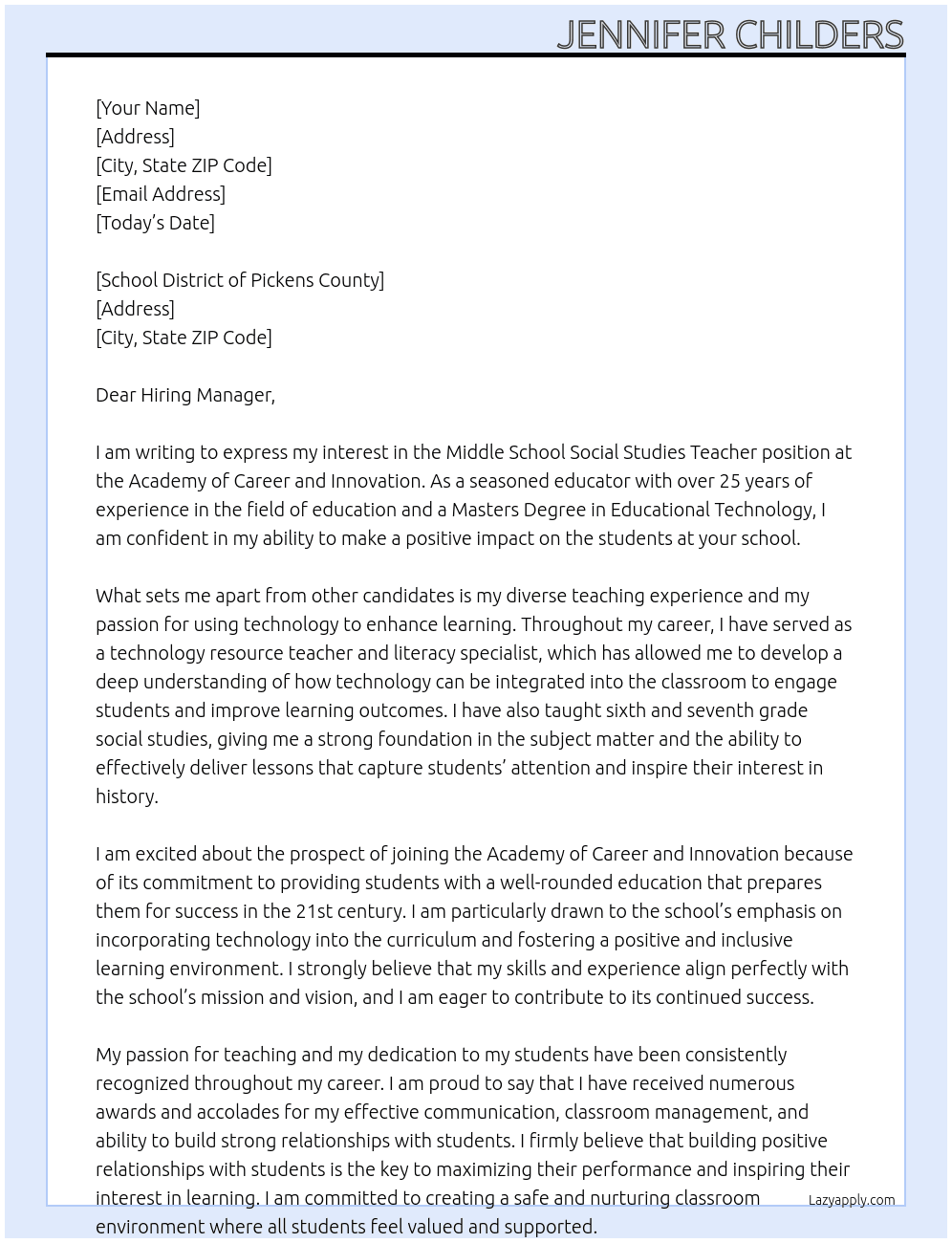 Middle School Social Studies Teacher At Academy of Career and Innovation Cover Letter
