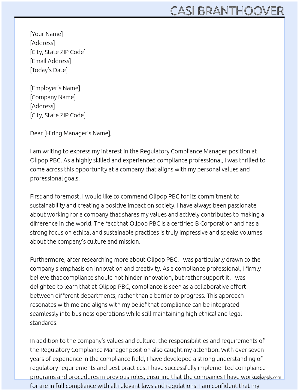 Regulatory Compliance Manager At Olipop PBC Cover Letter