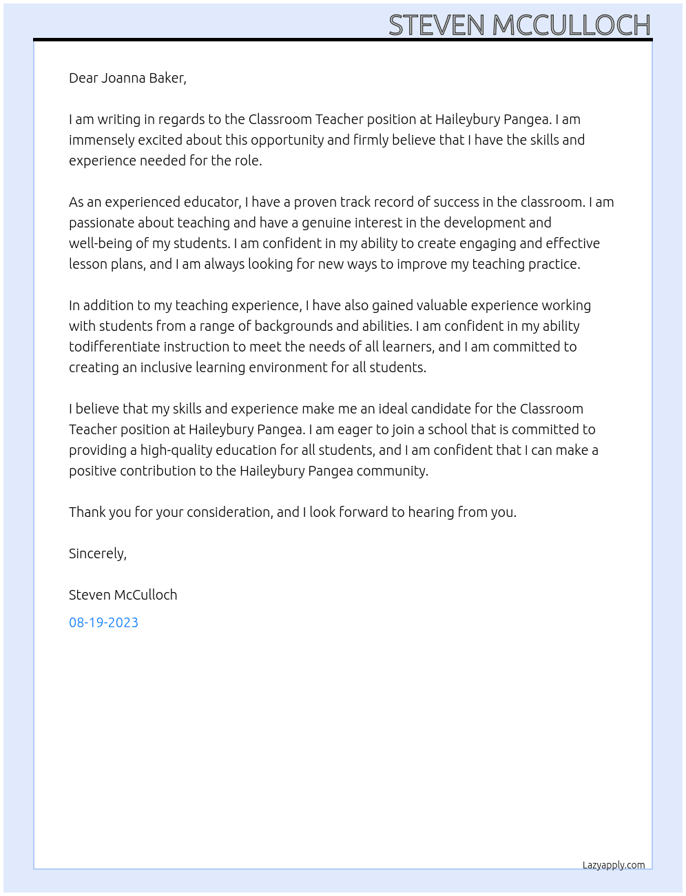 Classroom Teacher At Haileybury Pangea Cover Letter
