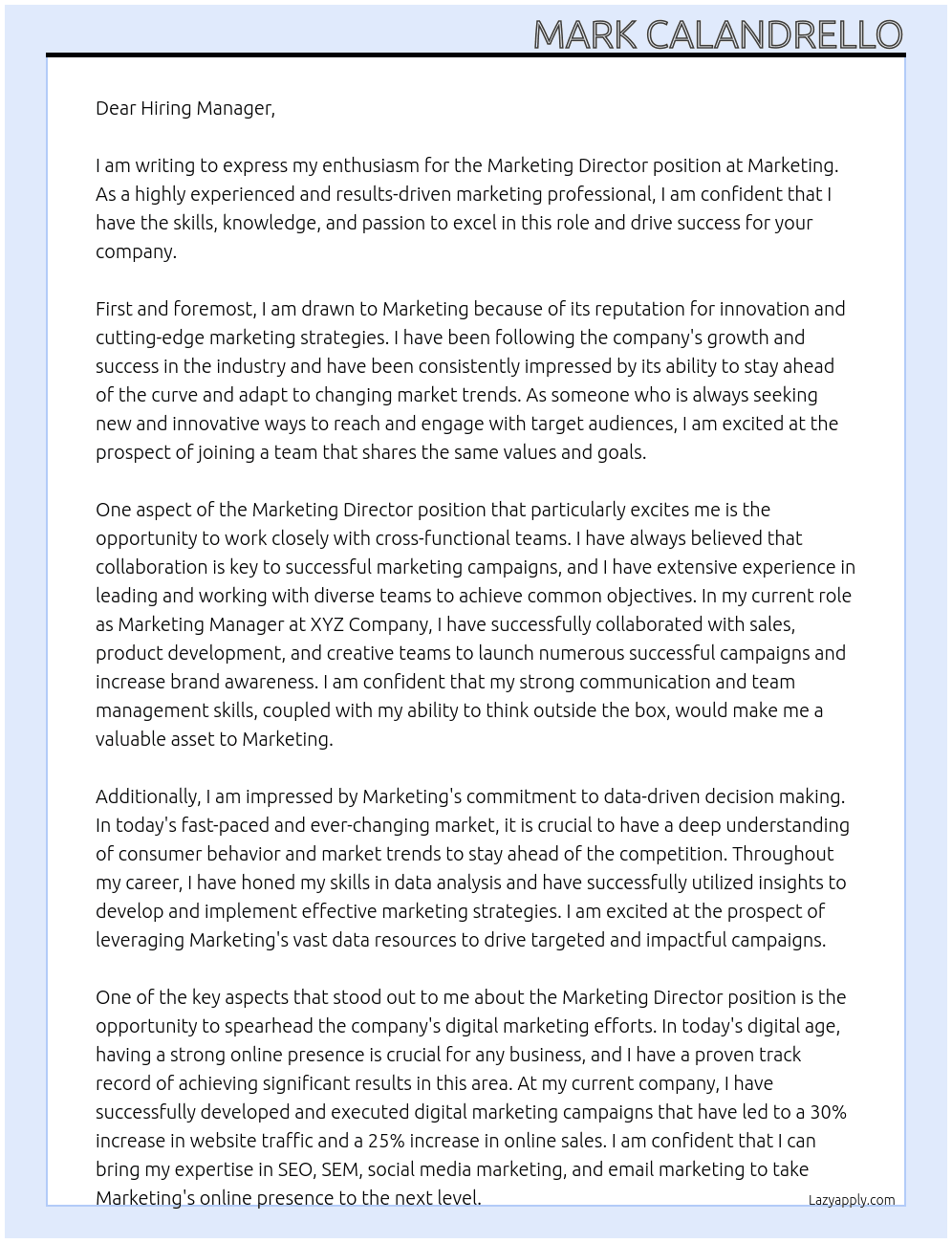 Marketing Director At Marketing Cover Letter