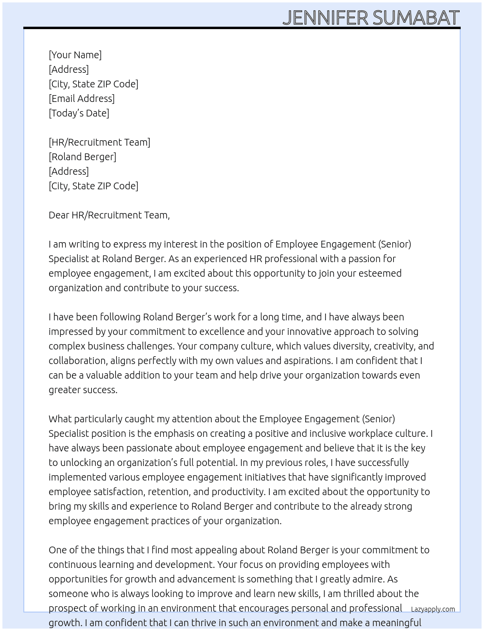 Employee Engagement (Senior) Specialist At Roland berger Cover Letter
