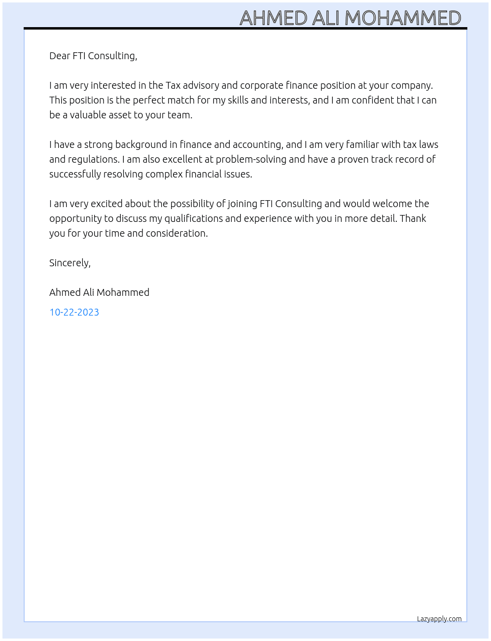 Tax advisory and corporate finance  At FTI Consulting Cover Letter