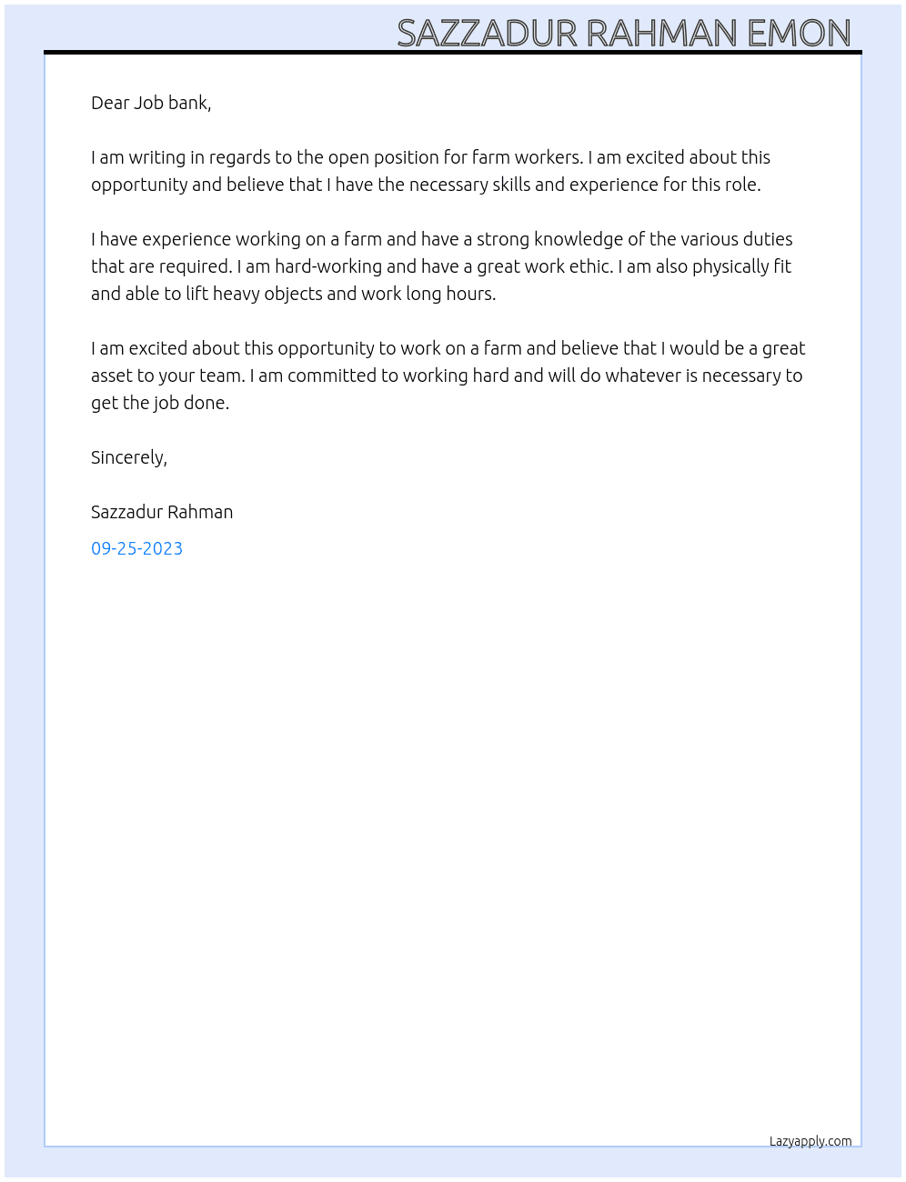 Farm workers  At Job bank canada  Cover Letter