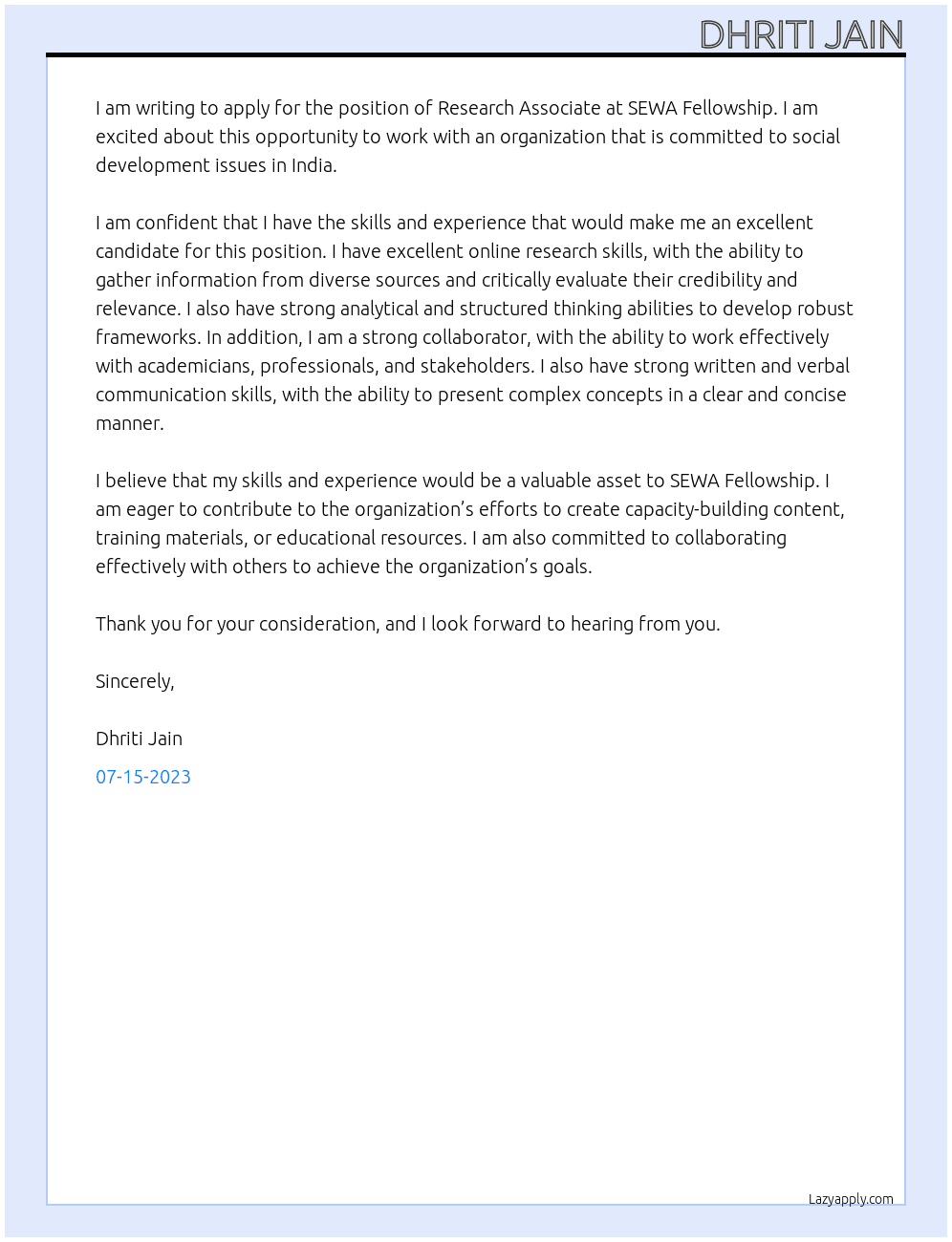 Research Associate  At SEWA Fellowship Cover Letter