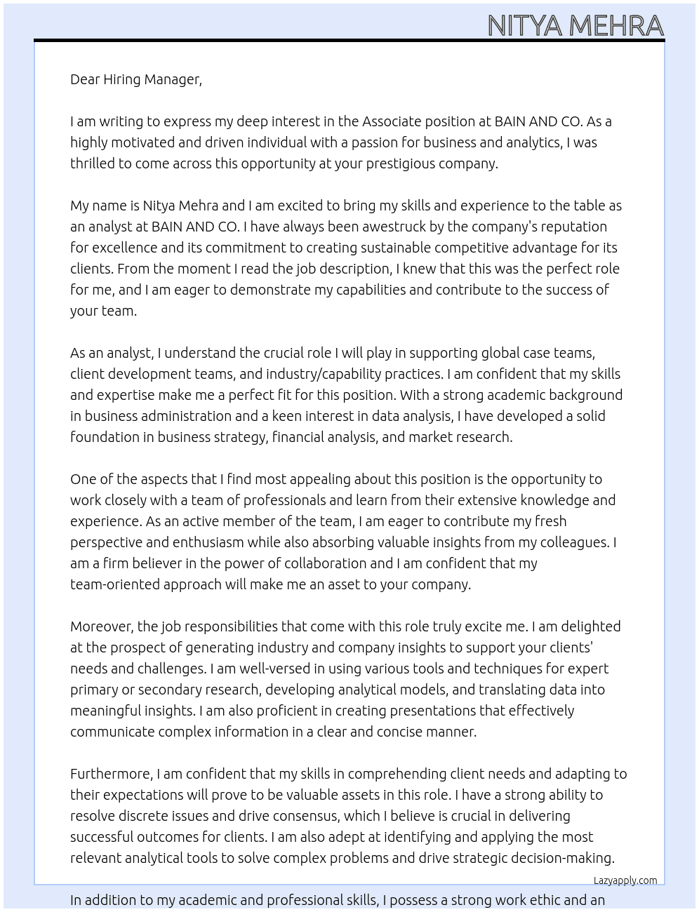 associate At BAIN AND CO. Cover Letter