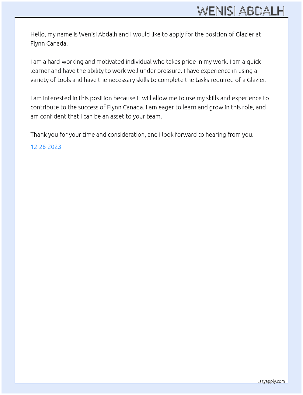 Glazier  At Flynn Canada  Cover Letter