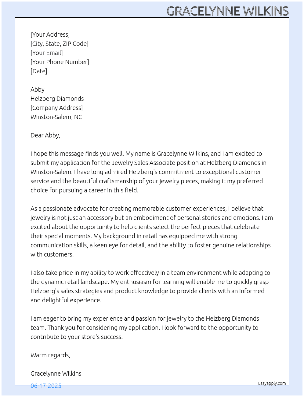 Jewelry Sales Associate  At Helzberg Diamonds Cover Letter