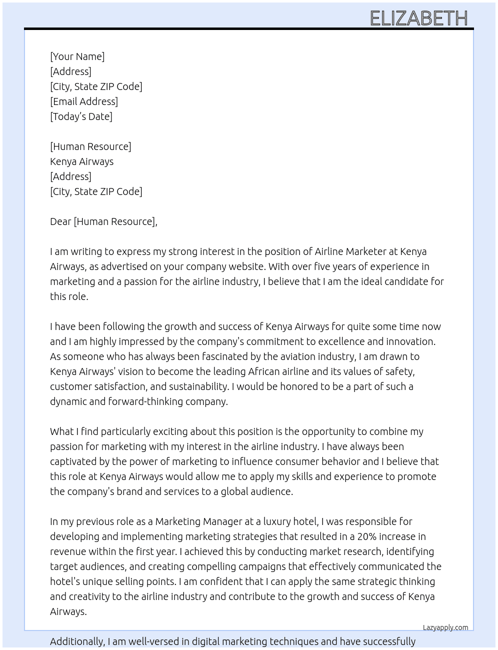 airline marketer At kenya airways Cover Letter