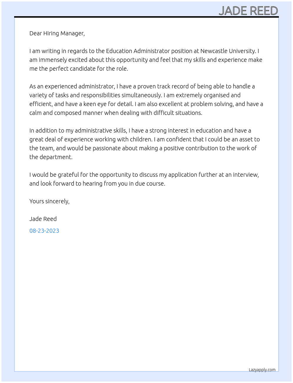 Education Administartor At Newcastle University Cover Letter