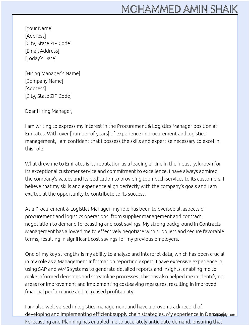 Cover letter for procurement & logistics manager - LazyApply