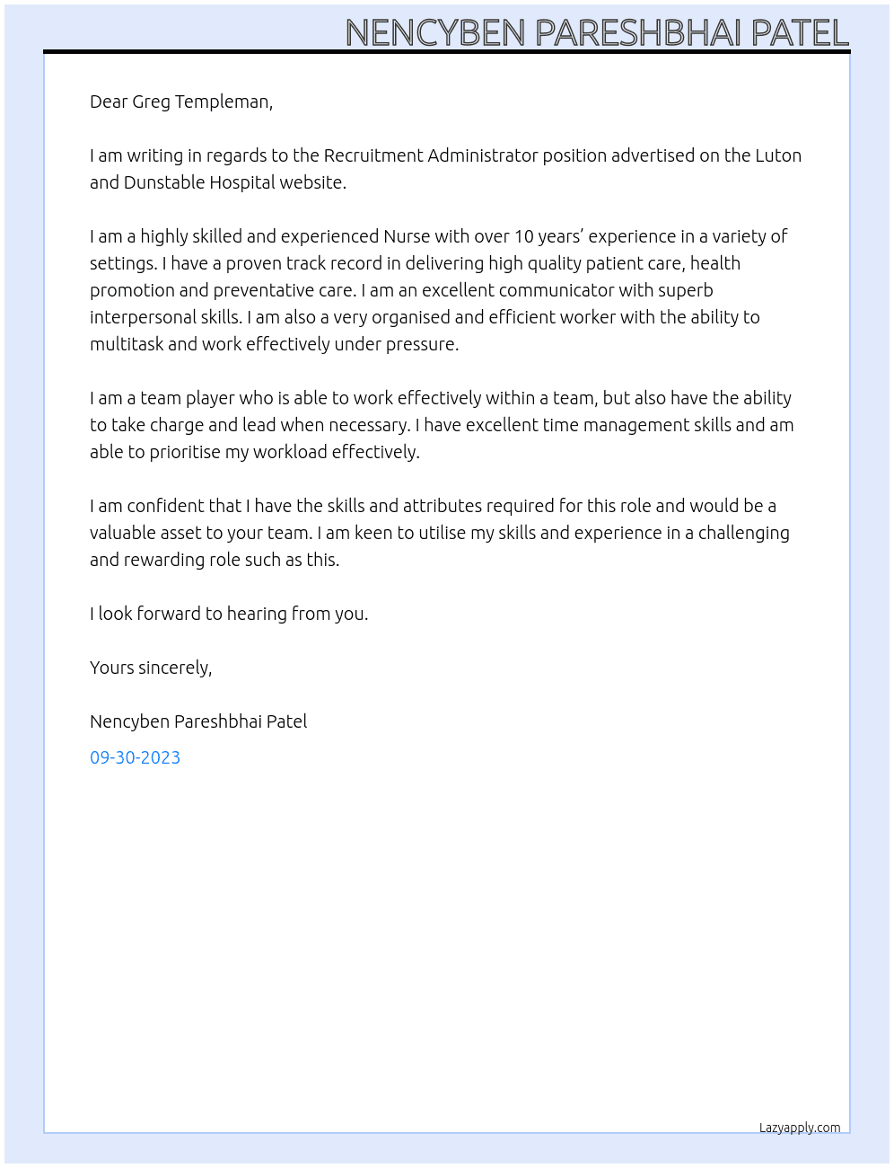 Nurse At Luton and dunstable Hospital Cover Letter