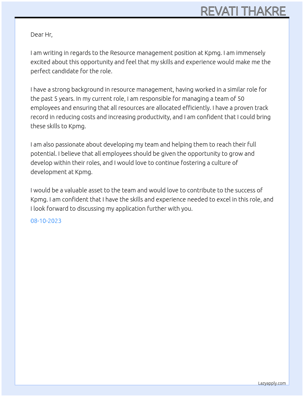 Resource management  At Kpmg Cover Letter