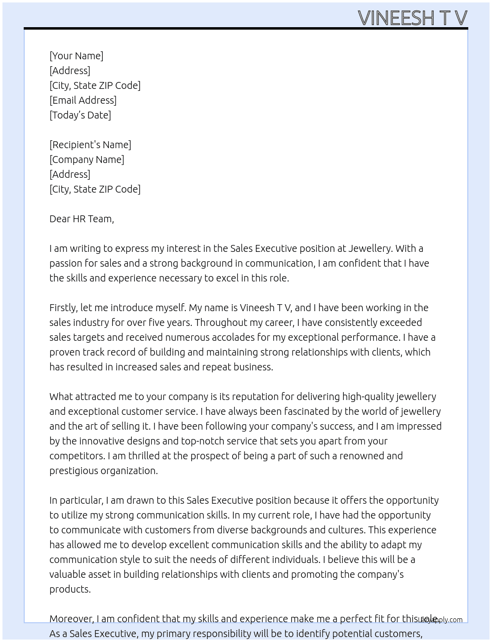 Sales Executive At Jewellery Cover Letter