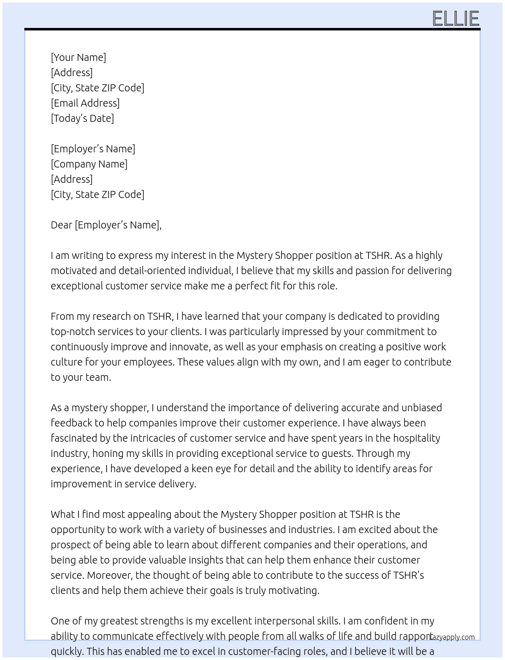 Mystery shopper At TSHR Cover Letter