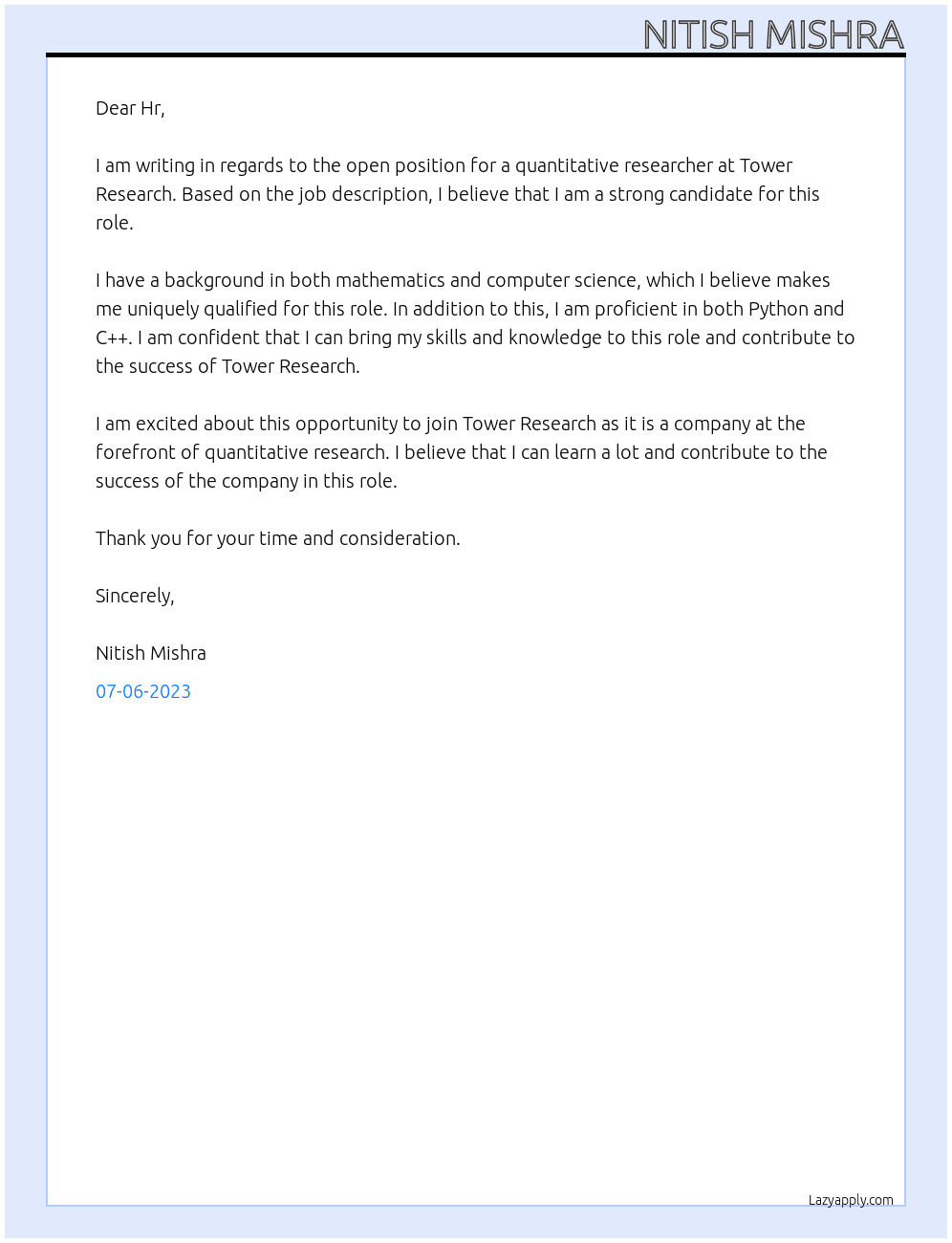 Quantitative Research At Tower Research Cover Letter