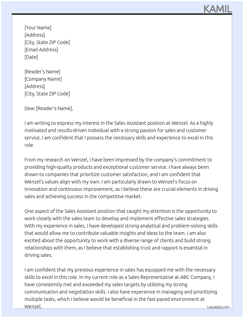 Sales Assistant At Wenzel Cover Letter