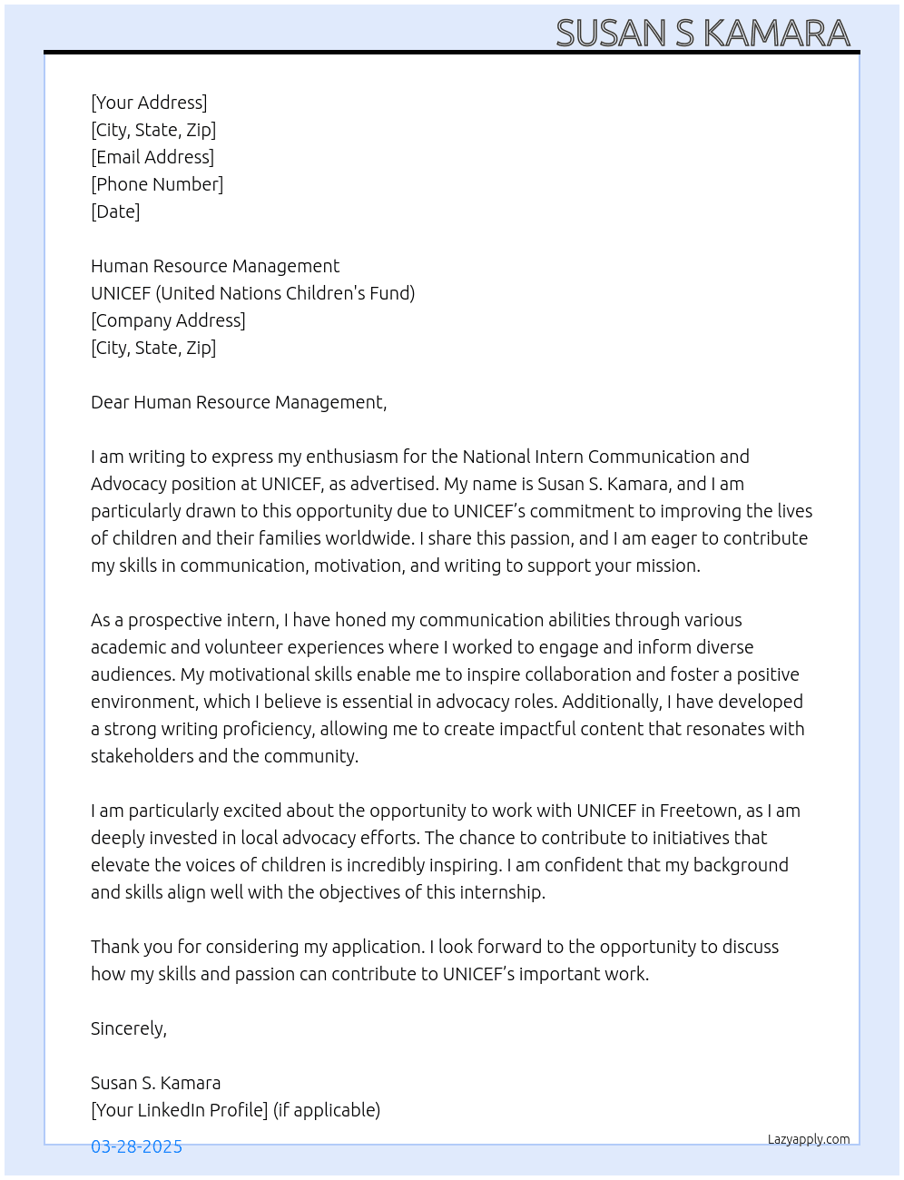 National Intern Communication and Advocacy  At UNICEF( United Nations Children's Fund ( Cover Letter