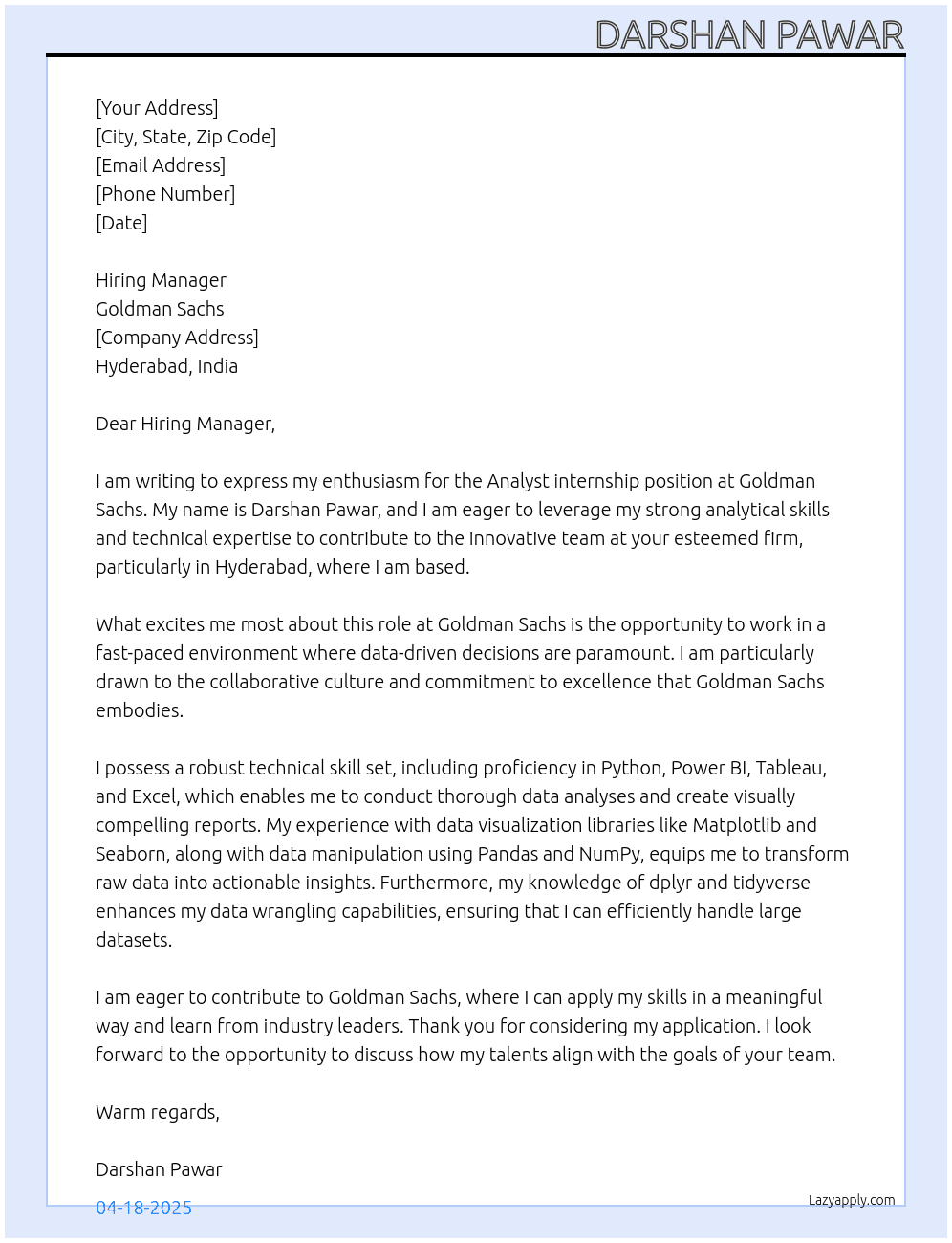 Analyst At goldman sachs Cover Letter