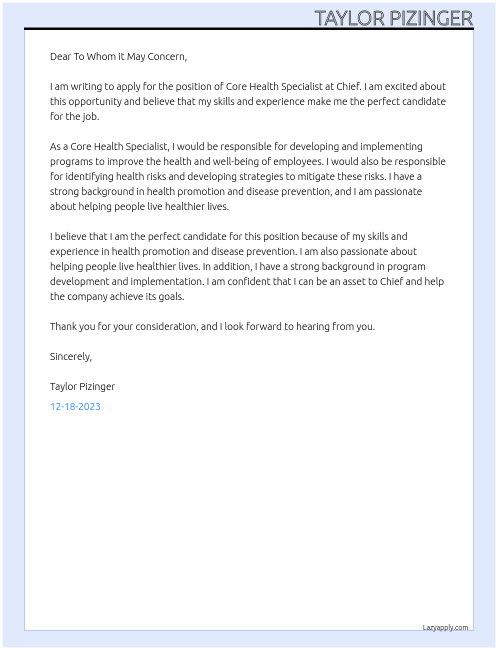 Core Health Specialist At Chief Cover Letter